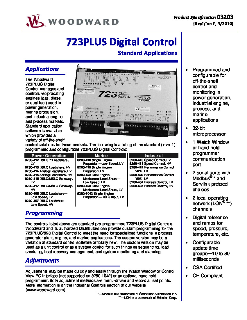First Page Image of 8280-1042 Woodward 723PLUS Digital Control Standard Applications 03203.pdf